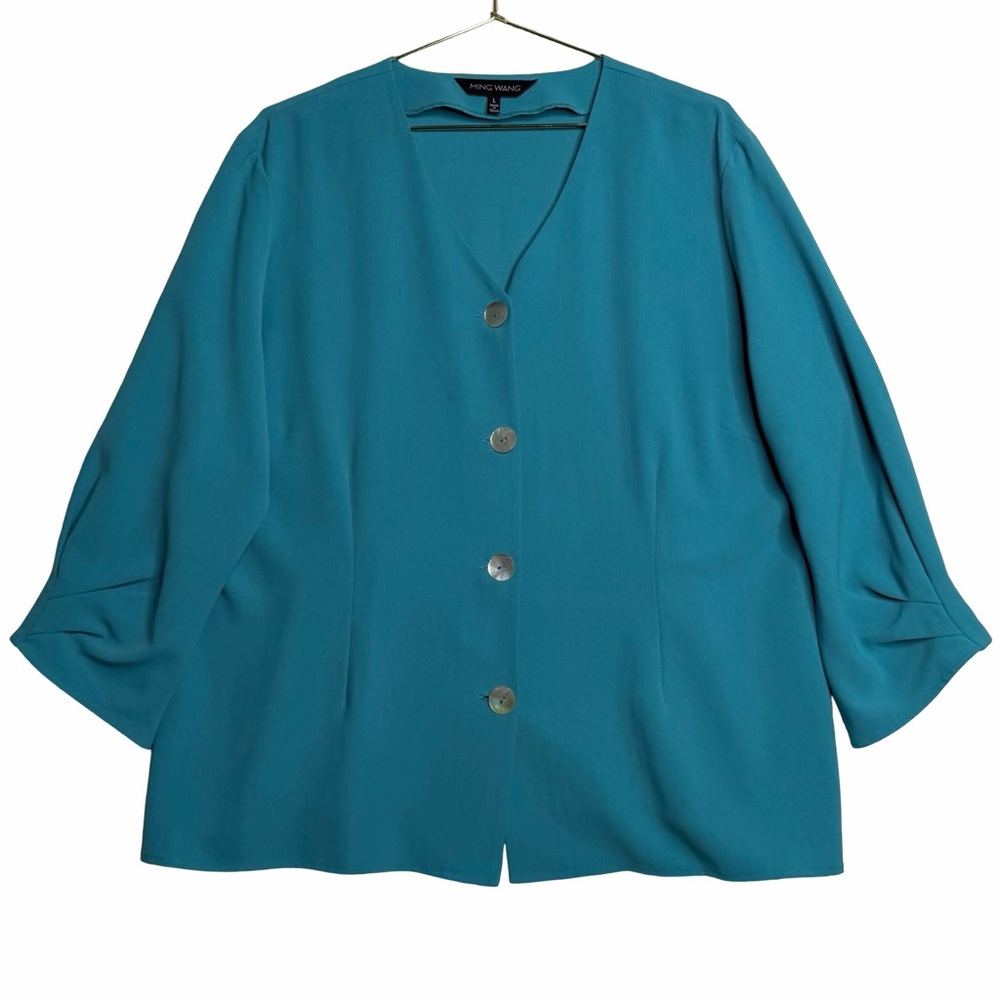 Ming Wang Teal Blue V-Neck Button-Front Blouse Jacket Size L